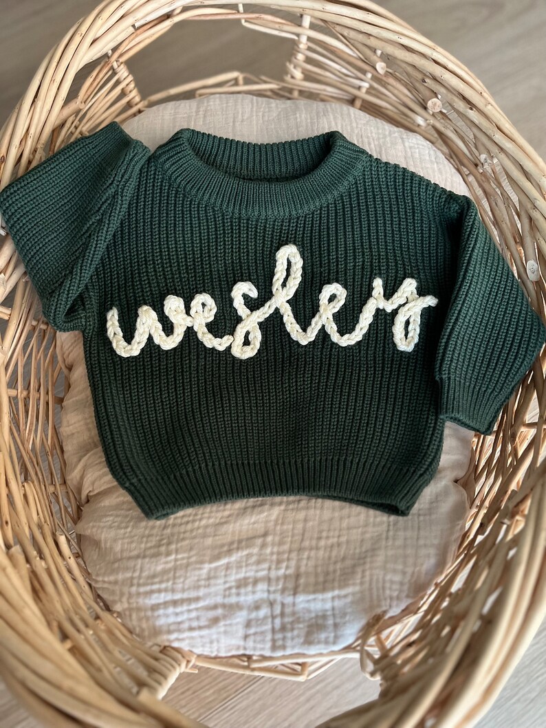 Hand embroidered knit sweater, personalized name sweater, custom hand embroidered knit sweater, chunky knit name sweater, baby name sweater image 5