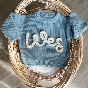 Hand embroidered knit sweater, personalized name sweater, custom hand embroidered knit sweater, chunky knit name sweater, baby name sweater image 3