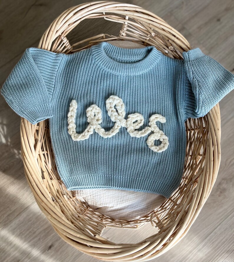 Hand embroidered knit sweater, personalized name sweater, custom hand embroidered knit sweater, chunky knit name sweater, baby name sweater image 3
