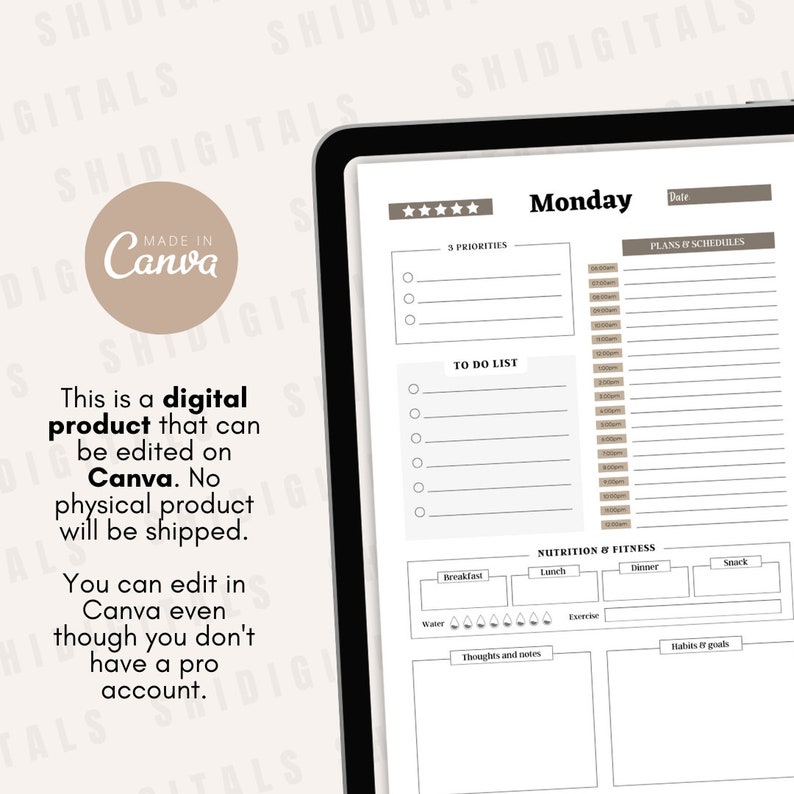 May include: A digital planner template for Monday, with sections for 3 priorities, a to-do list, plans and schedules, nutrition and fitness, thoughts and notes, and habits or goals. The template is designed for use on Canva.