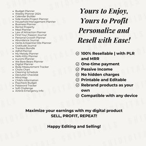 May include: A white and black graphic with the text "Yours to Enjoy, Yours to Profit, Personalize and Resell with Ease!"  The graphic lists features of a digital product, including "100% Resellable | with PLR and MRR", "One-time payment", "Passive Income", "No hidden charges", "Printable and Editable", "Rebrand products as your own", and "Compatible with any device". The graphic also includes the text "Maximize your earnings with my digital product SELL, PROFIT, REPEAT! Happy Editing and Selling!"