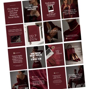 May include: A collection of maroon social media templates with white text. The templates cover topics like personal branding, social media mistakes, content ideas, and content creation. Some templates feature images of a woman, a notebook, and a laptop.