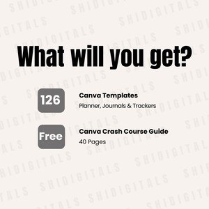 May include: A graphic with the text "What will you get?" and two buttons. The first button is gray and says "126 Canva Templates" with the text "Planner, Journals & Trackers" below. The second button is gray and says "Free Canva Crash Course Guide" with the text "40 Pages" below.