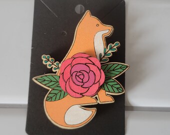 Wood fox brooch pin handmade