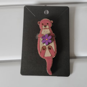 Wood otter brooch pin handmade