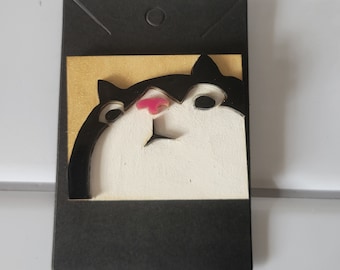 Handmade Wood & Acrylic Brooch Suspicious Cat