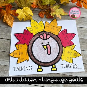 May include: A printable Thanksgiving-themed articulation and language goals activity for kids. The activity features a talking turkey with colorful leaves that have words written on them. The words include "chasing", "inside", "princess", "beside", "exercise", "dresser", "glasses", and "popsicle".