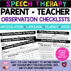 May include: A collection of speech therapy observation checklists for parents and teachers, featuring printed forms for articulation, language, fluency, and voice. The documents include sections for student names, dates, and observation tables with yes, no, and sometimes columns.
