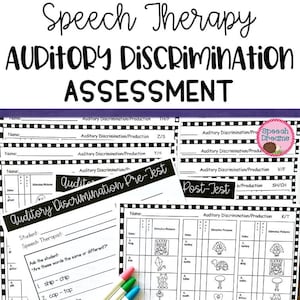 Könnte beinhalten: Schwarz-weiße druckbare Arbeitsblätter für die Sprachtherapie. Die Arbeitsblätter sind mit "Auditory Discrimination Pre-Test" und "Auditory Discrimination Post-Test" betitelt. Die Arbeitsblätter enthalten Bilder von einem Schiff, einem Chip, einer Kappe, einem Hahn, einem König, einem Drachen, einer Schildkröte, einem Truthahn, einem Zahn und einem Kätzchen.