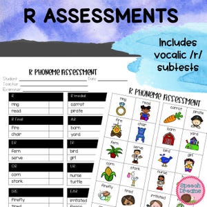 May include: Black and white printable assessment sheet for speech therapy. The sheet includes a title "R PHONEME ASSESSMENT" and lists words with the letter "R" in different positions. The sheet also includes a section for "R medial", "R final", "ER", "IR", "OR", "UR", "IRE", and "EAR".