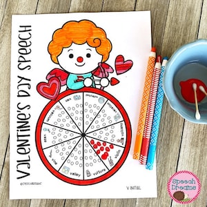 May include: A printable Valentine's Day speech therapy activity featuring a red and white wheel with 12 sections. Each section has a picture and the word for a word that starts with the letter "V". There are 48 circles in the wheel for students to color in.