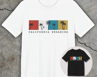 California Dreaming White Shirt, Retro Geometric Design Shirt, California Lovers Tee, Trendy Palm Tree Graphic Tee, Vacation Graphic Tee
