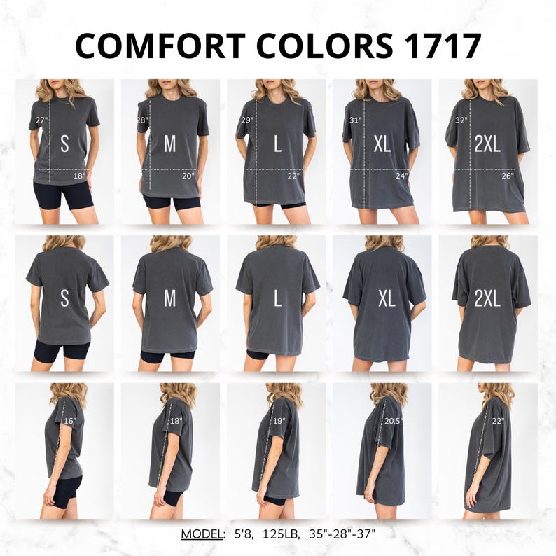 May include: A display of Comfort Colors 1717 t-shirts in various sizes, including S, M, L, XL, and 2XL. The shirts are a dark gray color, with measurements in inches. The image shows front, back, and side views of the shirts.