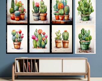 Printable Cactus Wall Art Set, Cactus Oasis Watercolor Art Set - Set of 8 Printable Prints for Stylish Home Decor, Cactus lovers, Cacti art