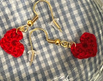 Micro Crochet Red Heart Earrings: Handmade Nickel-Free Jewelry