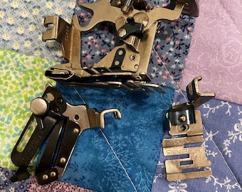 Vintage Singer Slant Shank Sewing Machine Attachments: Ruffler, Hemmer, Edgestitcher.