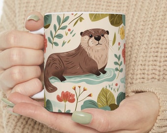 Cute Sea Otter Mug, Otter Lover Gift, Cute Animal Mug, Kids Mug, Ceramic Flower Coffee Mug, Otter Gift for Her, Animal Cup, Office Mug