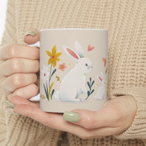 Cute Rabbit Mug, Easter Bunny Cup, Easter Bunny Coffee Mug With Flowers, Spring Mug, Easter Tea Cup, 11 Oz Mug, Kids Bunny Mug, Bunny Gift