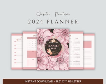 2024 Digital Planner, Rose, Year Calendar, Monthly Planners, Weekly Planners, BONUS Daily Planners, Simple Planner