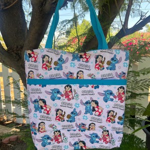 Disney Lilo and Stitch  Inspired Tote bag, hand bag, grocery bag, Bags, Big Bags, Ohana, means family.. Blue and white