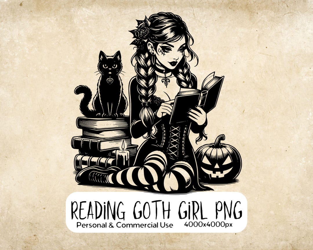 Goth Girl Reading a Book, Halloween, Gothic, Dark Academia, Black Cat ...