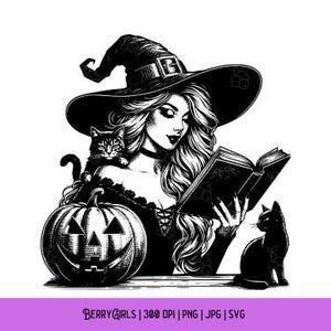 May include: Black and white illustration of a witch wearing a pointed hat and reading a book. She is sitting next to a jack-o-lantern and two black cats.