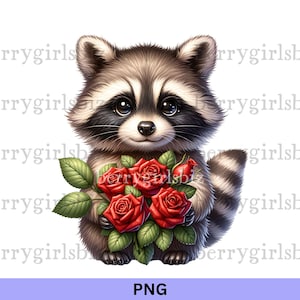 Raccoon PNG, Raccoon with Roses, Valentines Raccoon, Valentines Day, Raccoon Valentine, Raccoon Clipart, Valentines PNG, Digital Download