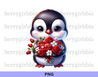 Pinguïn png, pinguïn met rozen, valentijnspinguïn, Valentijnsdag, pinguïn valentijn, pinguïn clipart, valentijnskaarten png, digitale download