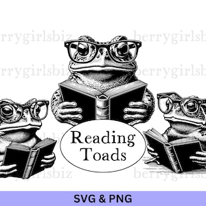 Puede incluir: Tres ilustraciones en blanco y negro de sapos con gafas leyendo libros. Los sapos están sentados sobre un fondo blanco. El texto "Reading Toads" está en un círculo debajo de los sapos.