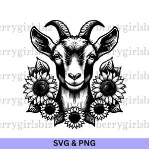 Capra SVG PNG, Capra svg, Capra png, Capra Clipart, Capra con girasoli, Capra con fiori, Capre, Disegno capra, Animali da fattoria, Download digitale