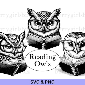 Lecture hiboux SVG PNG, hibou grand duc, chouette effraie des cloches, hibou svg, hibou png, clipart hibou, lecture des animaux, amateurs de livres, lecture PNG, téléchargement numérique