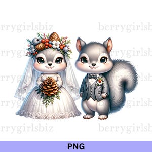 Może przedstawiać: Kreskówkowa ilustracja pary wiewiórek ubranych w stroje ślubne. Samica wiewiórki ma na sobie białą suknię ślubną z kwiatową koroną i bukiet szyszek. Samiec wiewiórki ma na sobie szary garnitur z muszką.