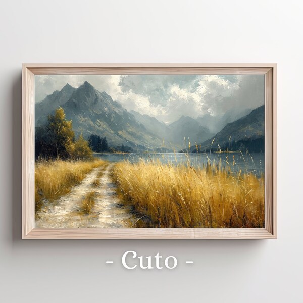 Mountain Landscape Art, Tranquil Lake Scene, Rustic Nature Decor, Serene Wildflowers Canvas, Vintage Mountain Digital File