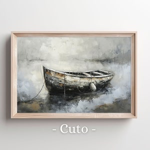 Solo Weathered Rowboat Canvas Art - Monochrome Nautical Decor, Vintage Boat Wall Art, Retro Maritime Painting, Tranquil Lake Scene