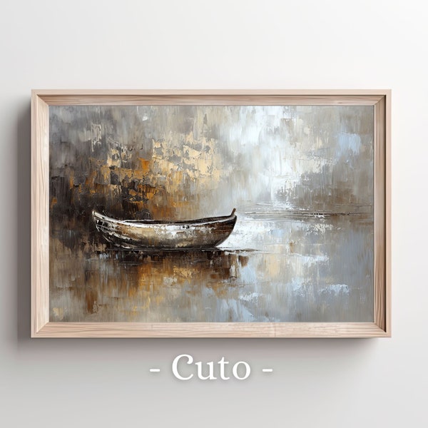 Rustic Solitary Boat Artwork, Calm Waters Reflective Oil Painting, Vintage Weathered Canoe Downloadable Art, Serene Lake Landscape Digital