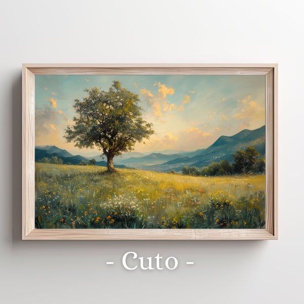 Serene Landscape Digital Painting - Solitary Tree in Wildflower Field with Mountain Backdrop, Tranquil Sunset Scenery Art for Home Decor