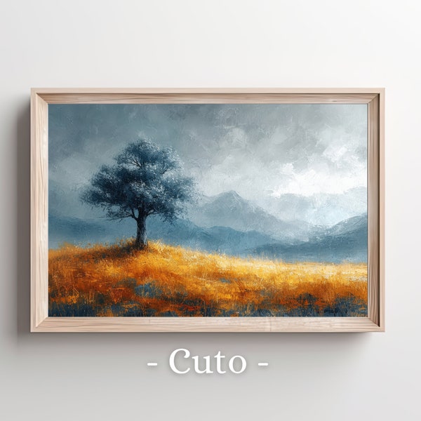 Solitary Tree Art, Blue Mountain Print, Golden Field Painting, Vintage Landscape Digital, Serene Outdoor Image