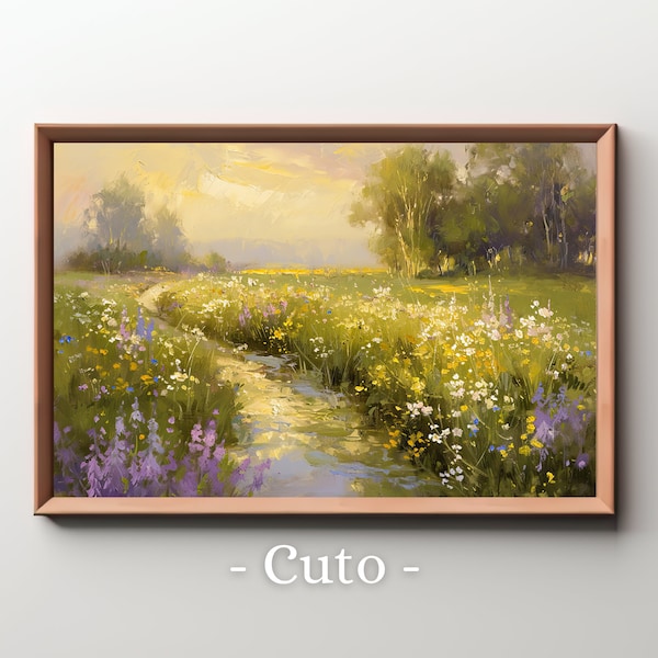 Sunrise Over Flowering Fields: A Tranquil Oil Painting of Dewy Wildflowers and Soft Dawn Light in a Misty Pastoral Meadow