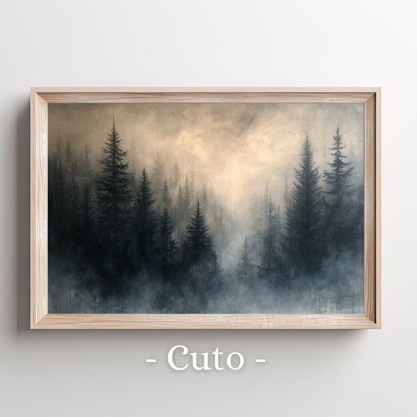 Moody Misty Forest Digital Art - Pine Tree Landscape with Fog, Tranquil Nature Wall Art, Printable Woodland Scene, Atmospheric Dark Woods