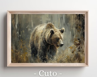 Rustic Brown Bear Artwork, Vintage Grizzly Bear Digital Wall Art, Retro Wild Bear Forest Scene, Nature Wildlife Art Download, Woodland Decor