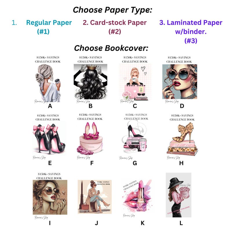 May include: A collage of 12 different book cover designs featuring illustrations of women in various poses and settings. The designs include a woman with a crown, a woman with sunglasses, a woman with a hat, and a woman with a lipstick. The text "$150K-SAVINGS CHALLENGE BOOK" appears on each design.