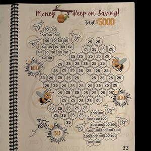 May include: A savings chart with a bee theme. The chart is designed to help people save money. It features a honeycomb pattern with numbers representing different amounts of money. The chart also includes images of bees and honeycombs. The text on the chart reads "Money Keep on Saving! Total $5000".
