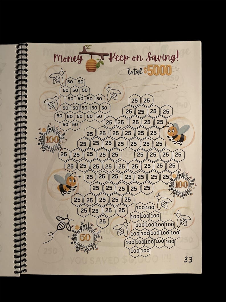 May include: A savings chart with a bee theme. The chart is designed to help people save money. It features a honeycomb pattern with numbers representing different amounts of money. The chart also includes images of bees and honeycombs. The text on the chart reads "Money Keep on Saving! Total $5000".
