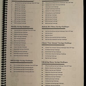 May include: A table of contents for a money saving challenge book. The book includes 30-day, monthly, and 100-envelope saving challenges. There are also money saving mixed activity challenges, roll-the-dice money saving challenges, choose your amount saving challenges, and gift-giving money saving challenges.