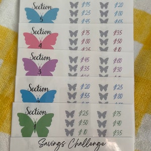 May include: A savings challenge chart featuring a butterfly theme. The chart is divided into six sections, each with a different coloured butterfly and a monetary amount. The chart also includes a bonus section. The total amount to save is £3,000.
