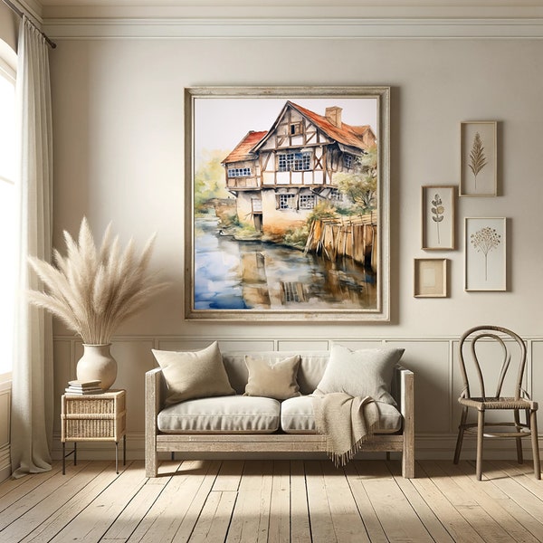 Charming Half-Timbered European House by the River in Idyllic Watercolors