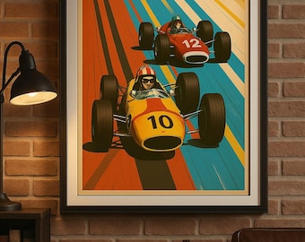 Plakat wyścigowy Formuły 1 w stylu retro: wydruk artystyczny w stylu retro sportów motorowych (do pobrania w wersji cyfrowej)