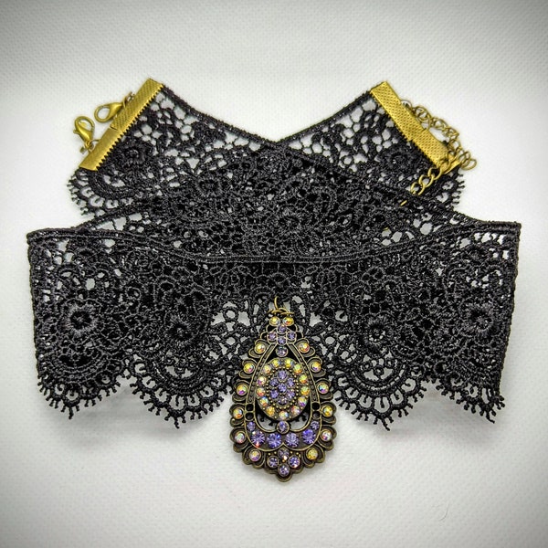 Black Lace Choker with Bejeweled Antique Brass Pendant