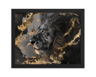 Framed poster, Lion, Black and Gold Lion, Black and Gold, Side View