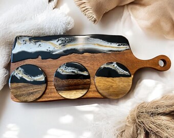 Black & Gold Resin Art Board: Acacia Wood Charcuterie Platter